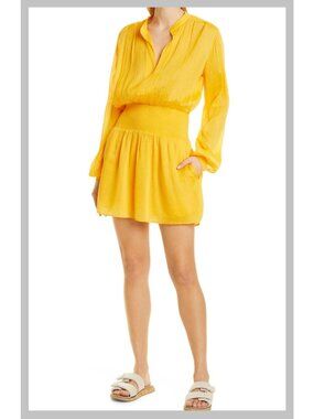 Rag & Bone Calista Women's Long Sleeve Cotton Blend Mini Dress Yellow Size L